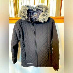 Black quilted winter coat with hood